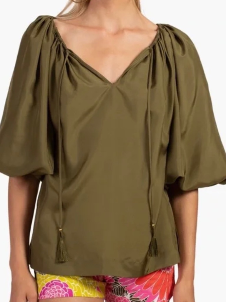 Trina Turk Sandia Olive Green Peasant Style Blouse Tassel Accent 3/4 Sleeve Sz M